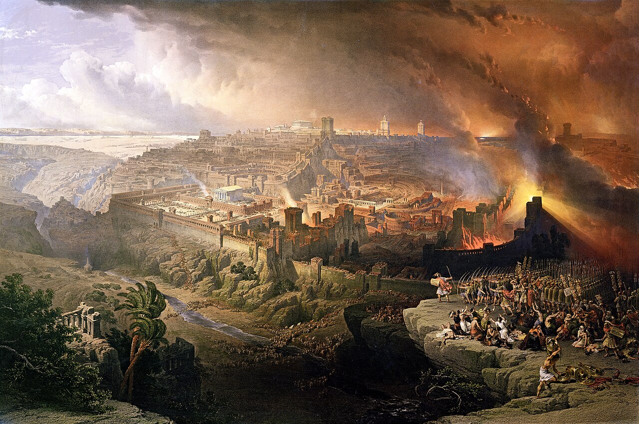 ​Jeruzsálem ostroma és lerombolása a rómaiak által Titus parancsnoksága alatt Kr. u. 70-ben. Litográfia David Roberts festménye után, 1850