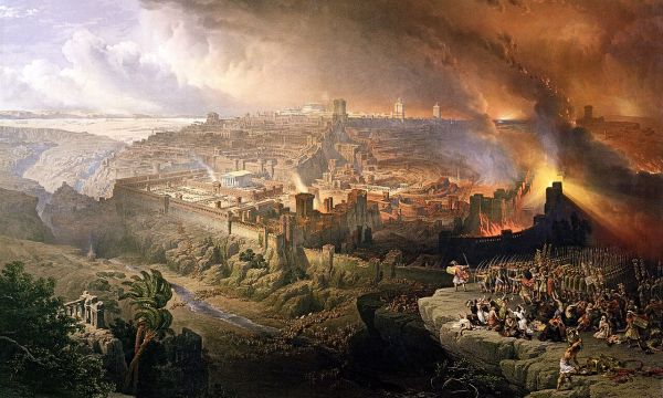 ​Jeruzsálem ostroma és lerombolása a rómaiak által Titus parancsnoksága alatt Kr. u. 70-ben. Litográfia David Roberts festménye után, 1850