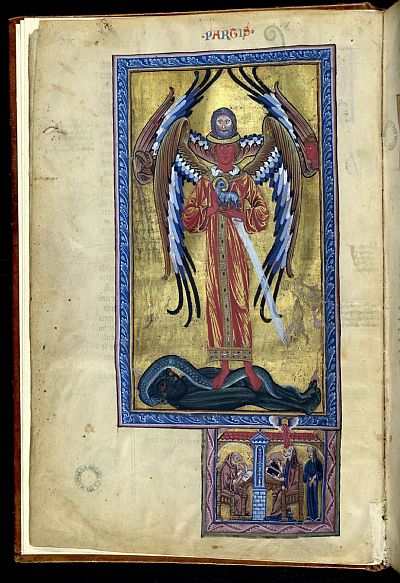 Miniatúra Hildegard von Bingen (1098–1179) Liber divinorum operumn (Az isteni művek könyve)​ egyetlen díszítéses, 13. századi átiratából.